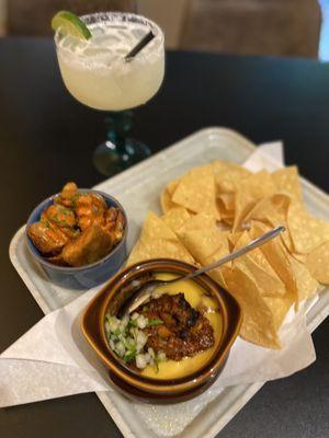 Chorizo queso and patatas bravas