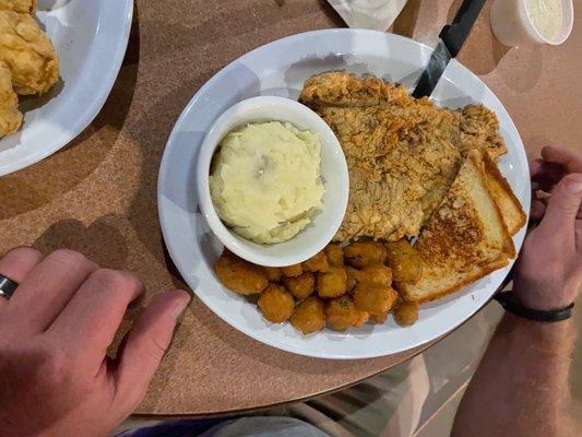 Chicken Fried Steak or Chicken, mashed potato's and fried ocra.