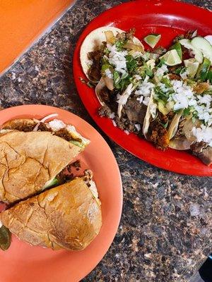 Asada Torta and an assortment of tacos. Yum!