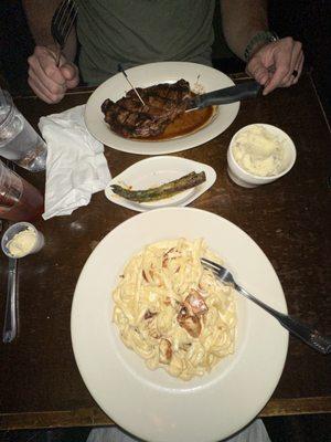 Ribeye and grilled chicken Alfredo