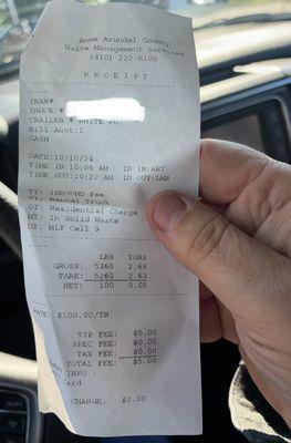 A receipt for the net weight of trash I brought in with a rented vehicle. $5, Not bad.