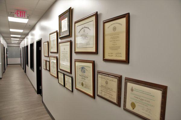 Our proud wall showing all of our licensing, awards, and special accomplishments!!!