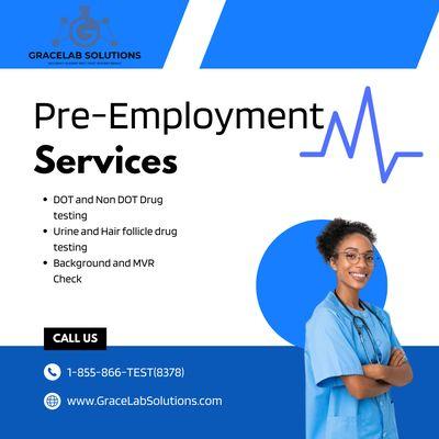 We offer Pre-Employment Services such as DOT and Non DOT Drug testing, Urine and hair follicle drug testing and background and MVR check!