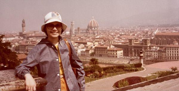 1977. TWA Tour. My Photo of: Myself with beautiful Florence, in the background! A city full of ART! NYC.