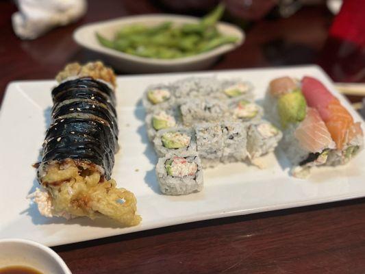 Spider Roll (Left) California Roll (Middle) Rainbow roll (Right)