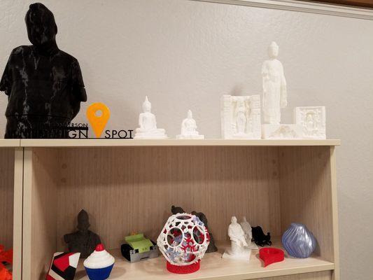 Toys and figures created in the 3-D print lab.