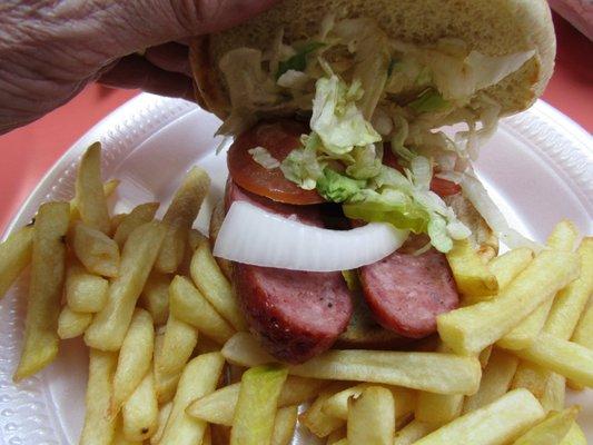 German Sausage Sandwich with French Fries