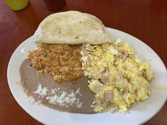 Eggs with Ham, Rice, Beans, and Flour Tortillas