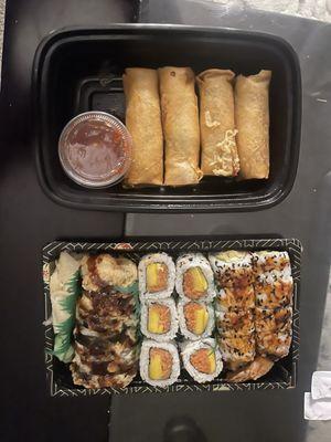 Spring rolls, eel cucumber rolls +cream cheese +deep fried, shrimp tempura, spicy tuna +mango