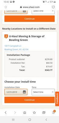 Uhaul installation totals, complete amount.