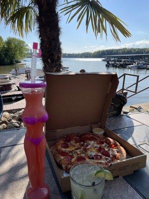 Small pepperoni pizza. Draft bikini boozer and skinny margarita.