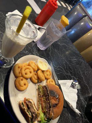 Old Fashioned Cheeseburger, Vanilla Malt, Smiley Fries