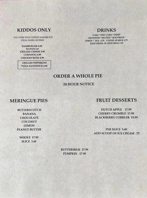 Kids/pies/dessert menu