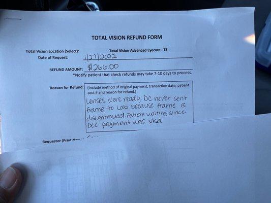 Refund request for prescription eyewear. **see my review**