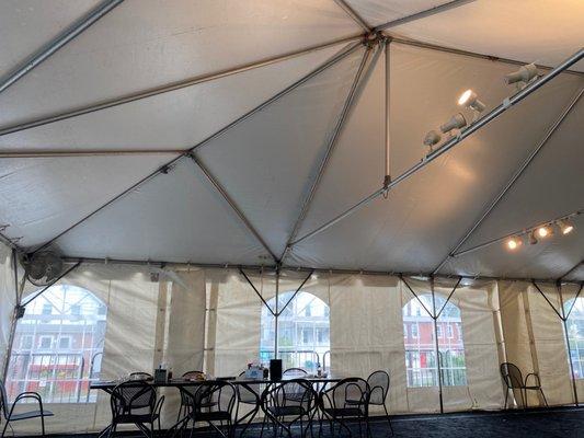 Outside in the tent dining area...atmospheric on a grey and chilly day!