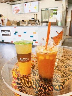 Tropical Ginger Beer on the left Fruit Tea with boba on the right