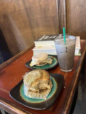 coconut pandan muffin, breakfast sandwich, iced maple hojicha latte