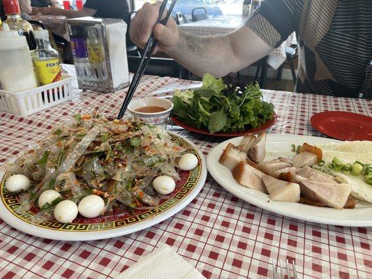 Banh Trang tron and banh hoi. Rice paper salad and woven vermicelli with crispy pork belly