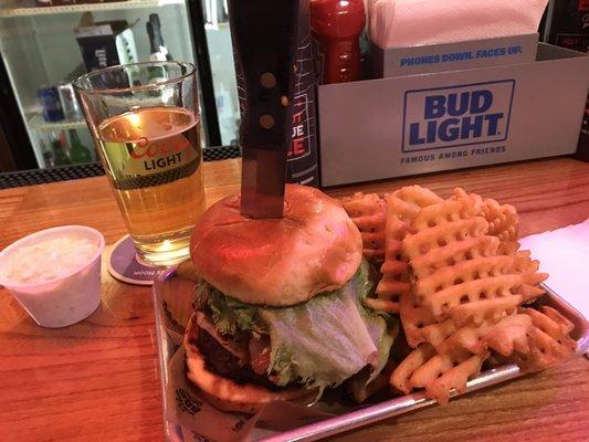 Ultimate burger burger , brisket , pulled pork , lettuce tomato , waffle ff  . Coleslaw Coors light