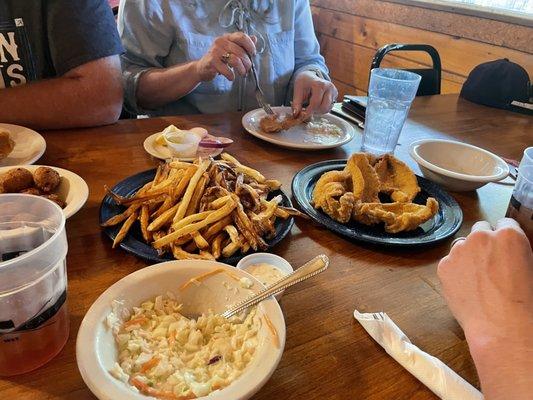 Coleslaw, fries, catfish