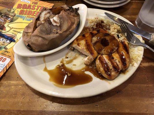 Hawaiian chicken on a bed of rice with baked sweet potato.