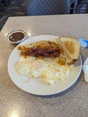 Dippy eggs, bacon, home fries and gravy.