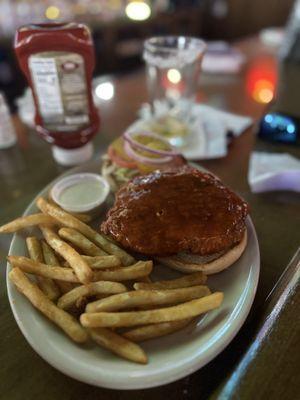 Buffalo chicken sandwich with fries