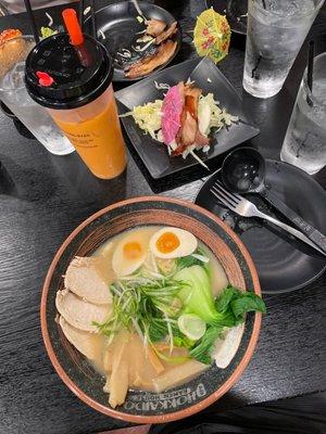 Chicken rich ramen, pork bao, Thai tea