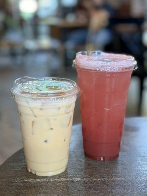 Chai tea latte (left) sparkling strawberry refresher (right)