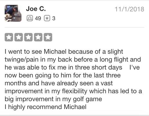 A review from a former golf client in Manhattan beach