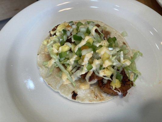 Fish taco, tilapia, chipotle mayo, house slaw on flour tortilla