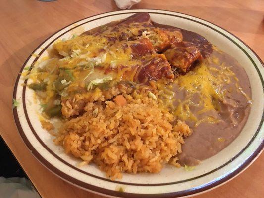 A three-enchilada dinner that was very satisfying.