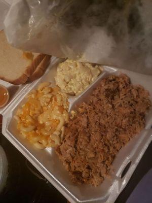 Chopped BBQ, Potatoe Salad, Mac and Cheese.