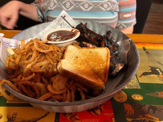 Blackened ends with onion rings and Texas toast.