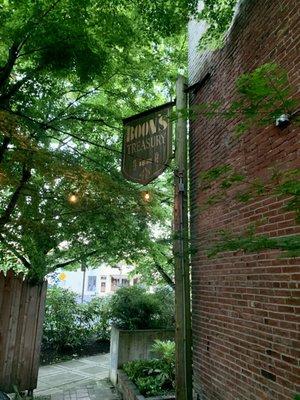 The patio offers comfortable shade from the heat