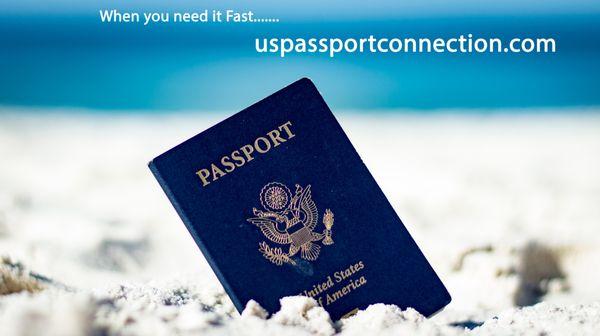 US Passport on a Beautiful White Sand Beach with Blue Water. Text reads "when you need it fast, uspassportconnection.com.