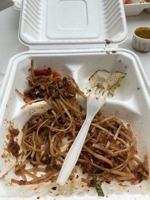 Sesame chicken with spicy noodles and mix veggies