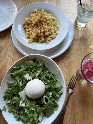 Arugula Salad with burrata, Mac & Cheese