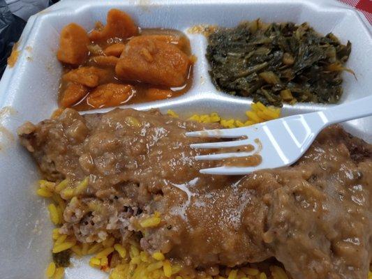 Beef cubed steak, yellow rice, yams, greens, corn bread and sweet tea. Delicious!