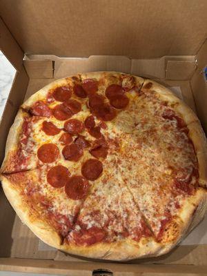 Half cheese pizza, half pepperoni pizza 14 inch