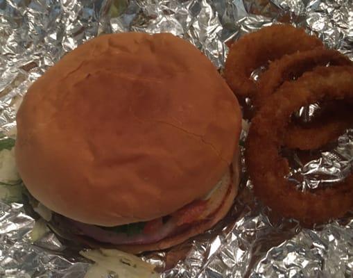 Cheeseburger with all the fixings and onion rings!  Great burger and onion rings are crispy with a touch of seasoning, highly recommend!