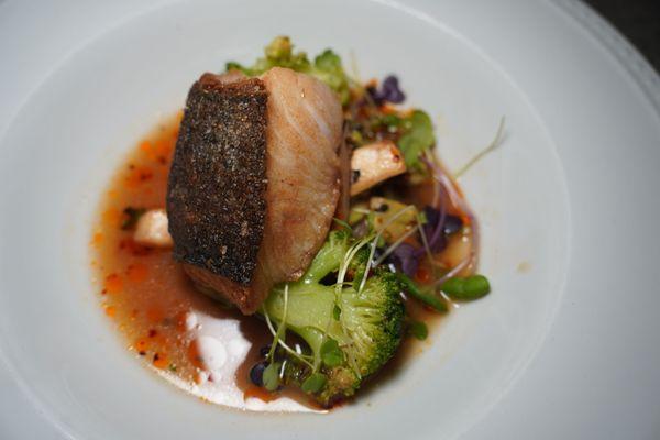 Cod with matsutake mushroom, broccoli in miso dashi