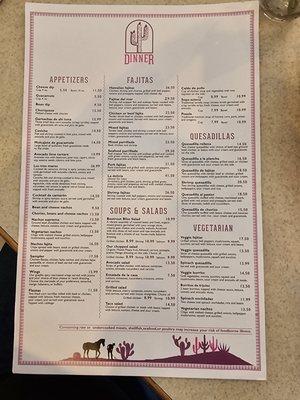 Front of menu