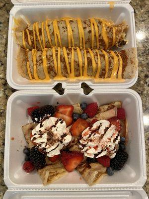 (top) Vegetarian Breakfast Crepe - Gluten Free (bottom) Berry Chocolate Chip Crepe - Gluten Free