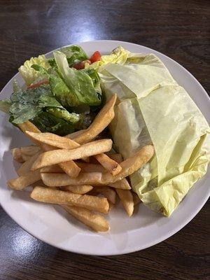 Steak gyro special with fries and salad