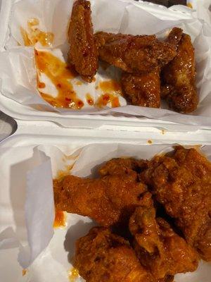 Sweet chili sirachi wings up top and buffalo on the bottom