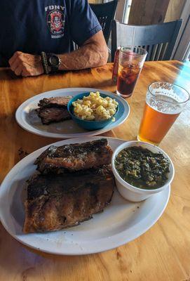 Brisket with mac and cheese. Full rack of ribs and collard greens. IPA draft from the full bar and a Coca Cola.