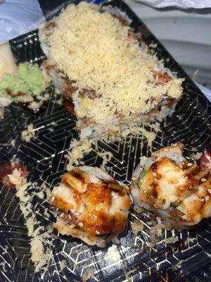 Cali roll w/crunch and eel sauce  Japanese lasagna roll