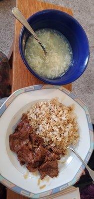 Mongolian beef, fried rice and egg flower soup