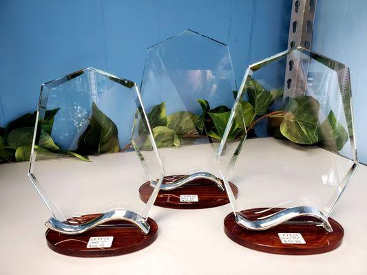 New glass pieces with wood accent bases! Great for retirement, years of services or appreciation awards.